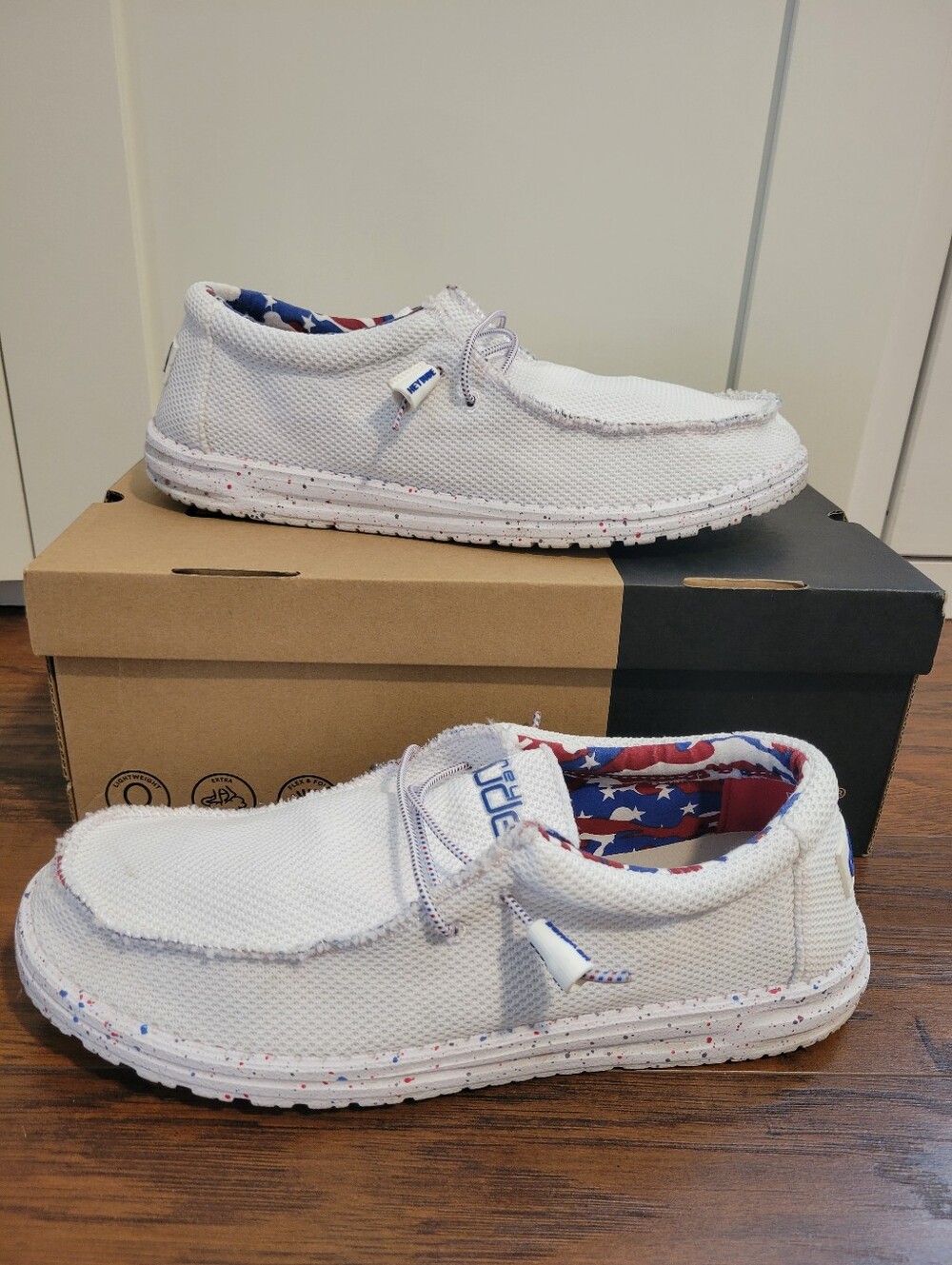 Hey Dude 4th  Of July White Slip-On Sneakers with Red & Blue Star Lining